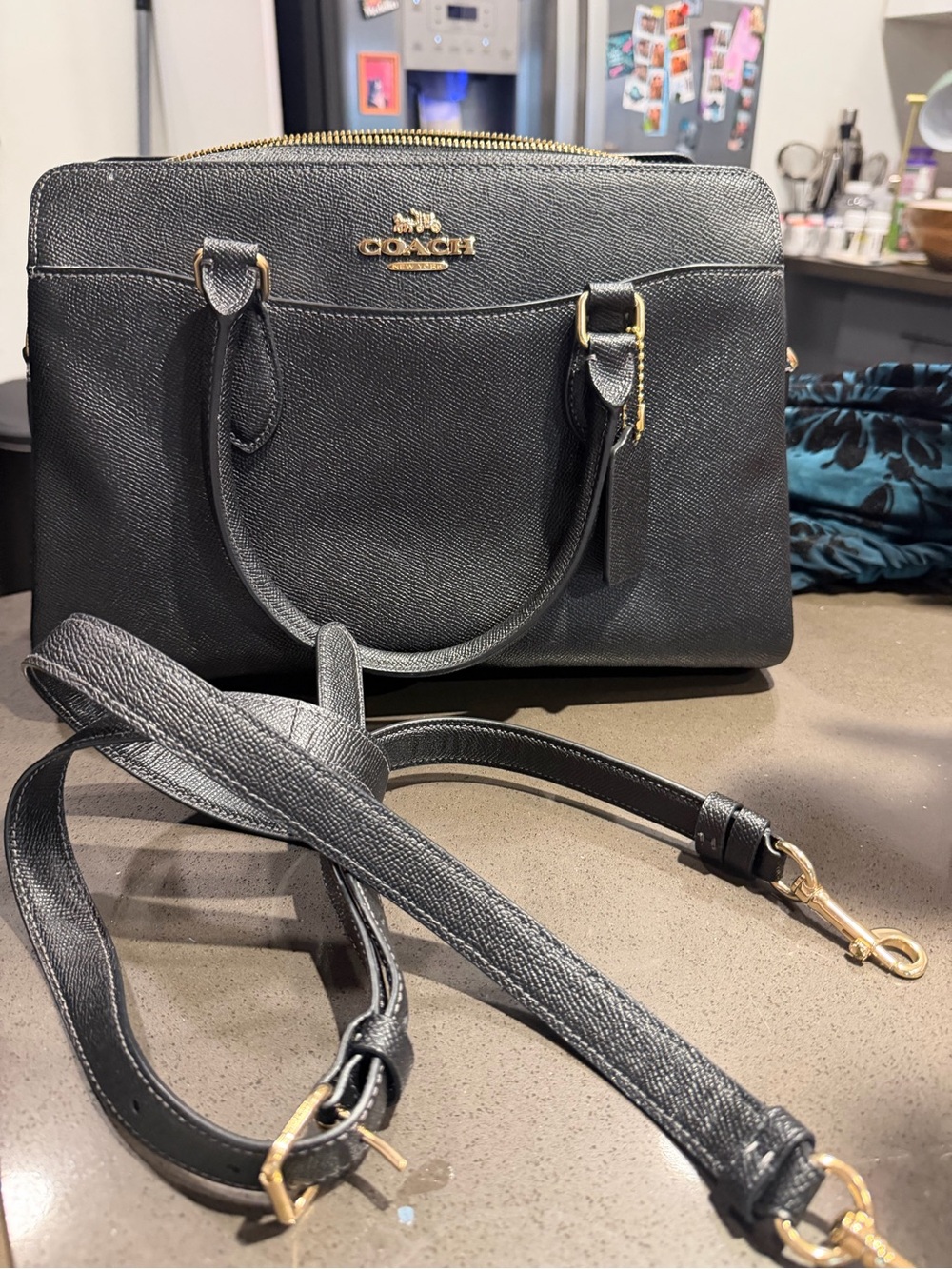 Coach Black Saffiano Leather Satchel with Gold Hardware